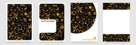 Halloween doodle vector set, hand drawn cartoon elements, vertical posters, spooky backgrounds for social media, poster templates, party invitations, ghost, pumpkin, witch hat, doodle patternのイラスト素材