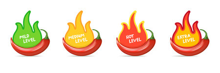 Spicy hot red chili pepper icons set with flame and rating of spicy. Vector spicy food level sticker collection, mild, medium hot and extra hot level of pepper sauce or snack foodのイラスト素材