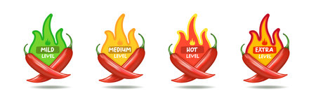 Spicy hot red chili pepper icons set with flame and rating of spicy. Vector spicy food level sticker collection, mild, medium hot and extra hot level of pepper sauce or snack foodのイラスト素材