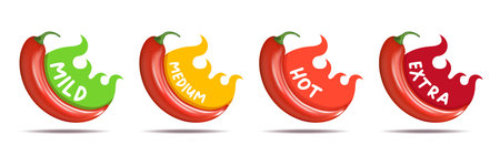 Spicy hot red chili pepper icons set with flame and rating of spicy. Vector spicy food level sticker collection, mild, medium hot and extra hot level of pepper sauce or snack foodのイラスト素材