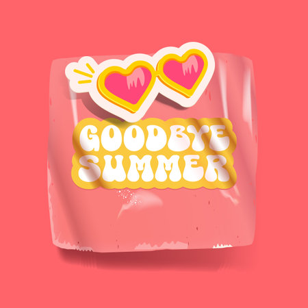 Goodbye summer pink groovy aesthetic sticker with heart shaped sunglasses isolated on pink background. Bye bye summer motto sticker, tag, retro label, banner, ribbon, label png with cartoon sunglassesのイラスト素材