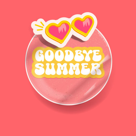 Goodbye summer pink groovy aesthetic sticker with heart shaped sunglasses isolated on pink background. Bye bye summer motto sticker, tag, retro label, banner, ribbon, label png with cartoon sunglassesのイラスト素材