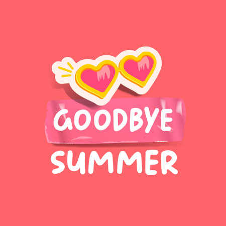 Goodbye summer pink groovy aesthetic sticker with heart shaped sunglasses isolated on pink background. Bye bye summer motto sticker, tag, retro label, banner, ribbon, label png with cartoon sunglassesのイラスト素材