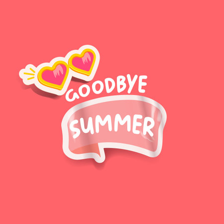 Goodbye summer pink groovy aesthetic sticker with heart shaped sunglasses isolated on pink background. Bye bye summer motto sticker, tag, retro label, banner, ribbon, label png with cartoon sunglassesのイラスト素材