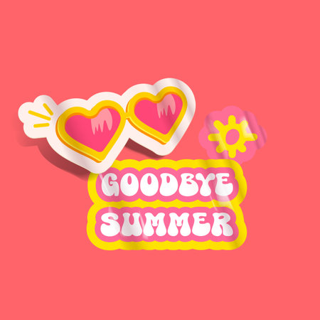 Goodbye summer pink groovy aesthetic sticker with heart shaped sunglasses isolated on pink background. Bye bye summer motto sticker, tag, retro label, banner, ribbon, label png with cartoon sunglassesのイラスト素材