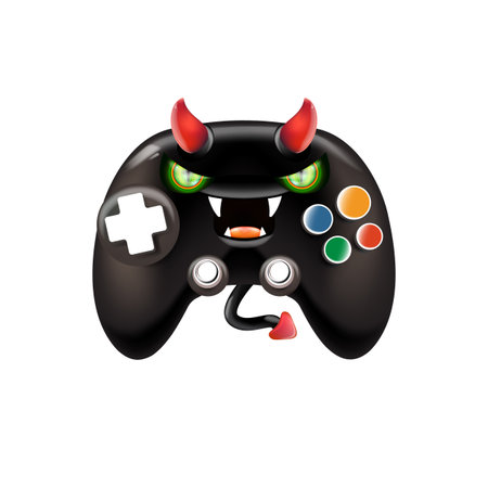 Black evil monster gamepad vector illustration, funny demon character with red horns and glowing...