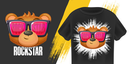 Rockstar teddy bear vector illustration, cool animal character with sunglasses and bold typography, creative design for t-shirts, apparel, merchandise, street style, brand, stickers, and labelsのイラスト素材