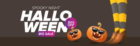 Halloween big sale banner with witch legs and funky pumpkin with sunglasses on grey floor background. Halloween sale poster design templateのイラスト素材
