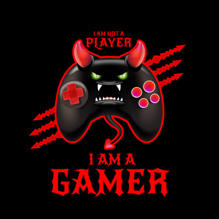 Evil monster gamepad quote, I AM NOT A PLAYER I AM A GAMER vector illustration, creative gaming character design with horns and glowing eyes, perfect for t-shirts, stickers, and urban apparelのイラスト素材