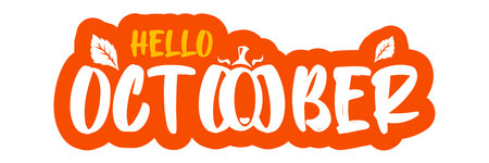Hello October text with pumpkin isolated on transparent background. Hello October orange sticker png, label png, banner, poster design template. Cartoon illustrationのイラスト素材