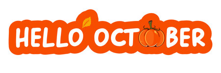 Hello October text with pumpkin isolated on transparent background. Hello October orange sticker png, label png, banner, poster design template. Cartoon illustrationのイラスト素材