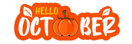 Hello October text with pumpkin isolated on transparent background. Hello October orange sticker png, label png, banner, poster design template. Cartoon illustrationのイラスト素材