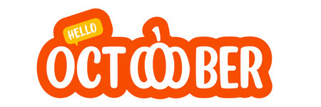 Hello October text with pumpkin isolated on transparent background. Hello October orange sticker png, label png, banner, poster design template. Cartoon illustrationのイラスト素材