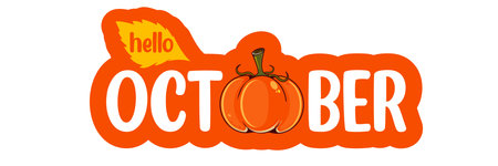 Hello October text with pumpkin isolated on transparent background. Hello October orange sticker png, label png, banner, poster design template. Cartoon illustrationのイラスト素材