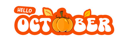 Hello October text with pumpkin isolated on transparent background. Hello October sticker png, label png, banner, poster design templateのイラスト素材