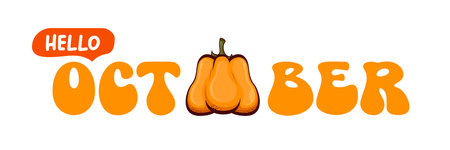 Hello October text with pumpkin isolated on transparent background. Hello October sticker png, label png, banner, poster design templateのイラスト素材