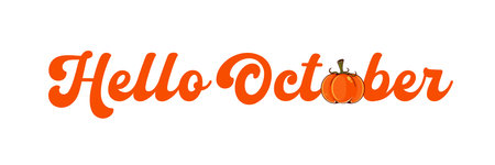 Hello October text with pumpkin isolated on transparent background. Hello October sticker png, label png, banner, poster design templateのイラスト素材