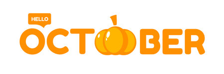 Hello October text with pumpkin isolated on transparent background. Hello October sticker png, label png, banner, poster design templateのイラスト素材