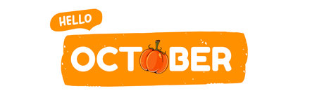 Hello October text with pumpkin isolated on transparent background. Hello October sticker png, label png, banner, poster design templateのイラスト素材