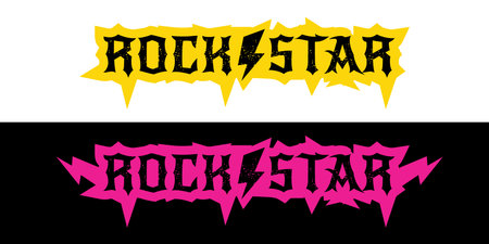 Rockstar Label Design Vector Bold Pink and Yellow Grunge Text with Lightning Bolts on Black and White Backgrounds, Ideal for Music, Fashion, and Branding. Rock star label ,print and sticker designのイラスト素材