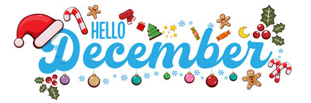 Hello December banner design template with santa hat, christmas tree, candy, hat, mittens, berries, stars, gifts, balls, moon , gingerbread man, cookies. Hello December blue sticker isolated on whiteのイラスト素材