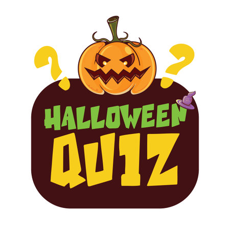Halloween quiz symbol with cartoon pumpkin. Funny pumpkin isolated on white background with speech bubble. Halloween kids quest and quiz game graphic vector illustrationのイラスト素材