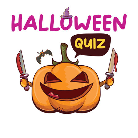 Halloween quiz symbol with cartoon pumpkin. Funny pumpkin isolated on white background with speech bubble. Halloween kids quest and quiz game graphic vector illustrationのイラスト素材