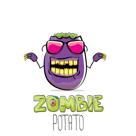 vector funny cartoon spooky violet zombie potato character isolated on white background. Zombie potato vector concept halloween background and label. Dead monster vegetable funky characterのイラスト素材