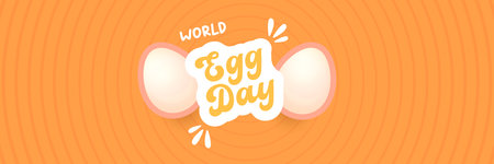 World Egg Day banner with eggs on orange geometric pattern background. International egg day concept horizontal banner poster,flyer, banner design template. Egg food day celebrationのイラスト素材