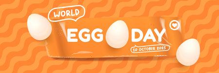 World Egg Day banner with eggs on orange geometric pattern background. International egg day concept horizontal banner poster,flyer, banner design template. Egg food day celebrationのイラスト素材