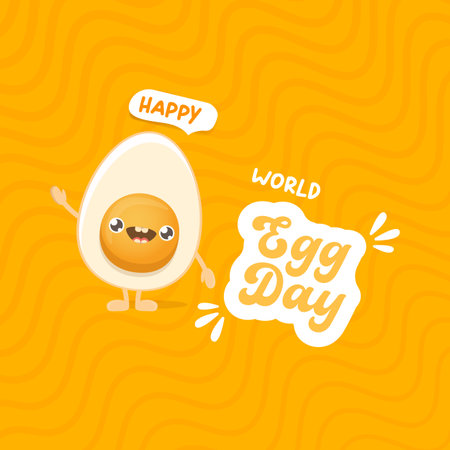 World egg day square greeting card with vector funny cartoon cute smiling tiny egg character isolated on orange geometric pattern background. Egg day poster or bannerのイラスト素材