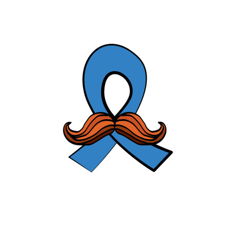 Blue ribbon with moustache symbol of november mens health month. Doodle style Blue ribbon and moustache isolated on white background. Sticker , label and icon of prostate cancer awarenessのイラスト素材