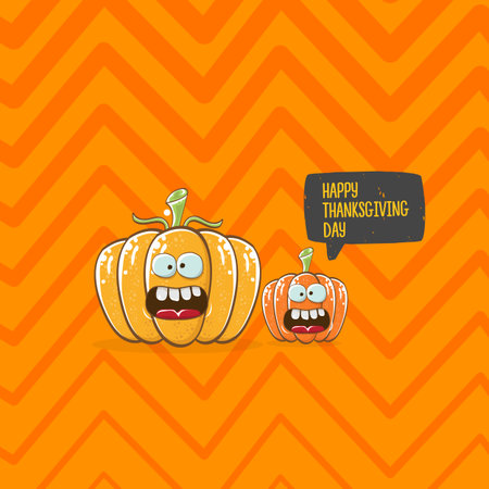 Funny Thanksgiving day square banner with vector funny cartoon cute smiling friends pumpkins isolated on orange geometric background. Thanksgiving day banner and label design template with pumpkinsのイラスト素材