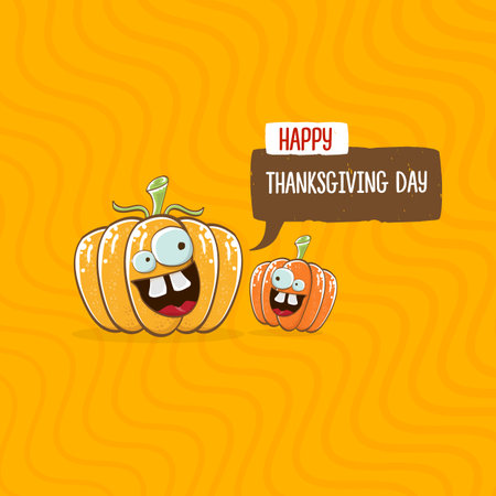Funny Thanksgiving day square banner with vector funny cartoon cute smiling friends pumpkins isolated on orange geometric background. Thanksgiving day banner and label design template with pumpkinsのイラスト素材