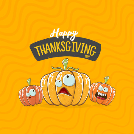 Funny Thanksgiving day square banner with vector funny cartoon cute smiling friends pumpkins isolated on orange geometric background. Thanksgiving day banner and label design template with pumpkinsのイラスト素材