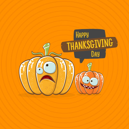 Funny Thanksgiving day square banner with vector funny cartoon cute smiling friends pumpkins isolated on orange geometric background. Thanksgiving day banner and label design template with pumpkinsのイラスト素材