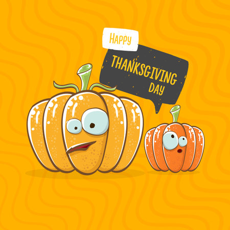 Funny Thanksgiving day square banner with vector funny cartoon cute smiling friends pumpkins isolated on orange geometric background. Thanksgiving day banner and label design template with pumpkinsのイラスト素材
