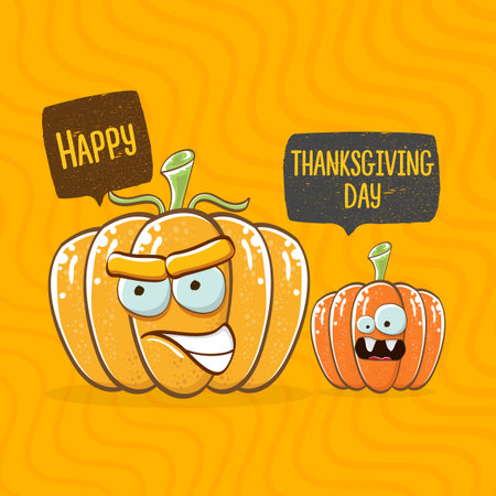 Funny Thanksgiving day square banner with vector funny cartoon cute smiling friends pumpkins isolated on orange geometric background. Thanksgiving day banner and label design template with pumpkinsのイラスト素材