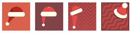 Santa Hat Christmas square poster set vector, creative minimalist festive design, modern graphic art with a textured background, perfect for holiday greeting cards and winter social media promotionsのイラスト素材