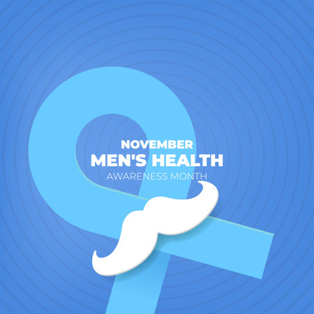 November Mens Health awareness month square banner with blue ribbon and moustache icon. Blue November is prostate cancer awareness month with moustache and ribbon. Movember mens health month posterのイラスト素材