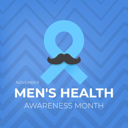 November Mens Health awareness month square banner with blue ribbon and moustache icon. Blue November is prostate cancer awareness month with moustache and ribbon. Movember mens health month posterのイラスト素材