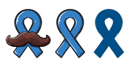 Blue ribbon with moustache symbol of november mens health month. Doodle style Blue ribbon and moustache icons isolated on white background. Sticker , label and icon of prostate cancer awareness setのイラスト素材