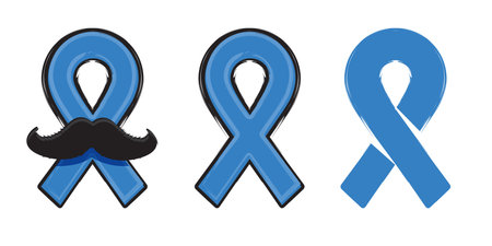 Blue ribbon with moustache symbol of november mens health month. Doodle style Blue ribbon and moustache icons isolated on white background. Sticker , label and icon of prostate cancer awareness setのイラスト素材