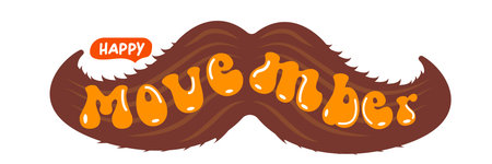 Movember, Prostate cancer awareness month. Happy Movember banner with funny cartoon moustache isolated on white background. November mens health month banner, Sticker , label and iconのイラスト素材