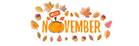 Hello November text with pumpkin and autumn leaves isolated on transparent background. Hello November lettering sticker png, label png, banner, quote, poster design templateのイラスト素材