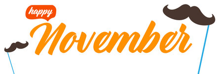 November, Prostate cancer awareness month. Happy November banner with funny cartoon moustache isolated on white background. November mens health month banner, Sticker , label and iconのイラスト素材