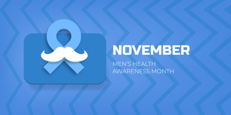 November Mens Health awareness month banner with blue ribbon and moustache icon. Blue November is prostate cancer awareness month with moustache and ribbon. November mens health month posterのイラスト素材