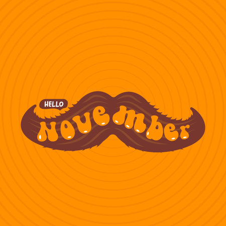 hello November, Prostate cancer awareness month. Hello November square banner with funny cartoon moustache isolated on geometric orange background. November mens health month banner, Sticker , labelのイラスト素材