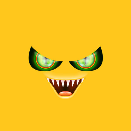 Orange monster face with gleaming green eyes and huge fangs emerges. Happy Halloween backdrop for your spooky holiday card designs with orange monster faceのイラスト素材