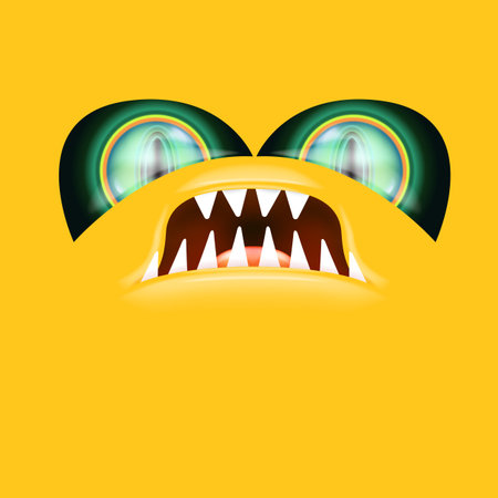 Orange monster face with gleaming green eyes and huge fangs emerges. Happy Halloween backdrop for your spooky holiday card designs with orange monster faceのイラスト素材